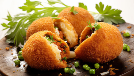Crispy croquettes with mozzarella cheese and green peasの素材