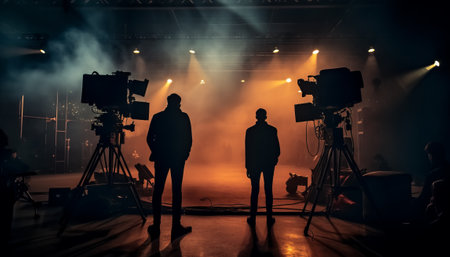 Silhouette of a cameraman in front of the camera on stageの素材