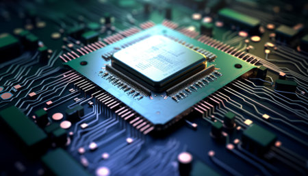 Close-up of electronic circuit board with processor. 3d renderingの素材