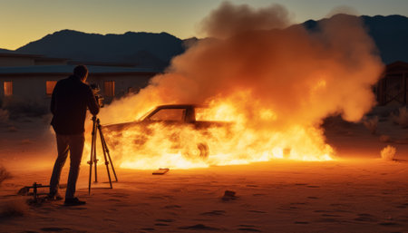 Photographer with tripod taking picture of car in the desert at sunsetの素材