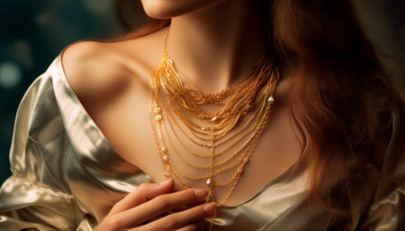 Close up of a beautiful woman's necklace on a mannequin.の素材