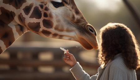 Little girl feeding giraffe in the zoo. Selective focus.の素材