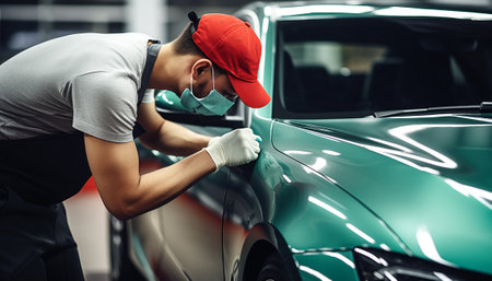 Worker polishing a car with a microfiber cloth.の素材