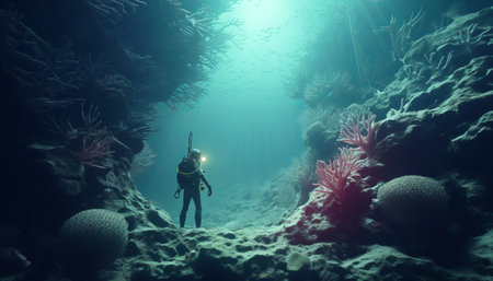 Underwater scene with scuba diver and corals. 3d renderingの素材