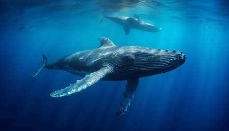 Humpback whale in the deep blue ocean. Wildlife scene from underwater.の素材