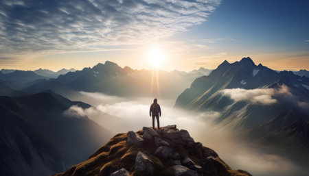 Man standing on top of a mountain and looking at the sunset.の素材