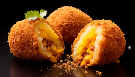 Breaded corn croquettes on a black background, close upの素材