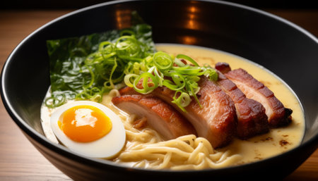 Japanese ramen noodle with roast pork and egg on wooden tableの素材