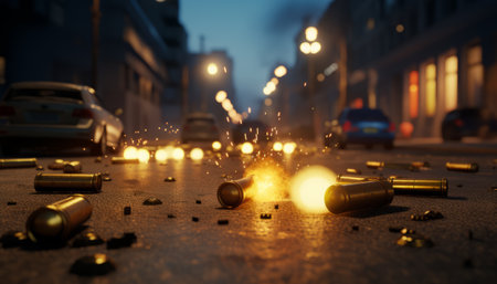 Bullets on the ground in the city at night. 3d renderingの素材