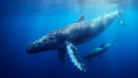 Humpback whale swimming underwater in blue ocean. Underwater photography.の素材
