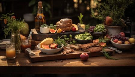Fruits and vegetables on a wooden table in a restaurant. Selective focus.の素材