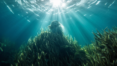 Underwater view of a tropical coral reef with sunlight shining through the waterの素材