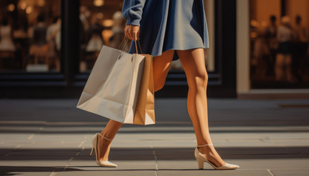 Cropped image of young woman holding shopping bags while walking on streetの素材