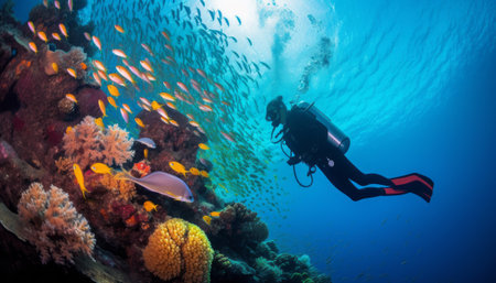 Scuba diving on a tropical coral reef in the Red Sea.の素材