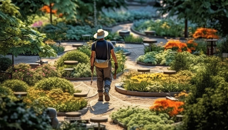 Back view of gardener working in the garden. Gardening conceptの素材