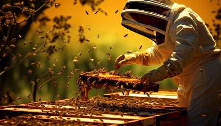 Beekeeper working with bees on honeycomb frame in apiary.の素材