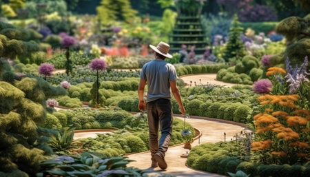 A man in a straw hat walks through the garden. Selective focus.の素材
