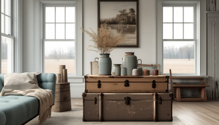 Interior design of living room with blue sofa, wooden chest of drawers and vintage table. 3d renderの素材