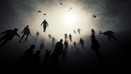 Silhouettes of people running in a foggy sky. 3D renderingの素材