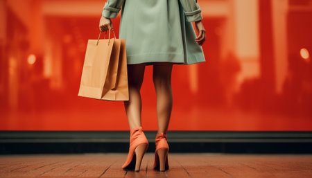 Close up of woman's legs with shopping bags. Shopping concept.の素材