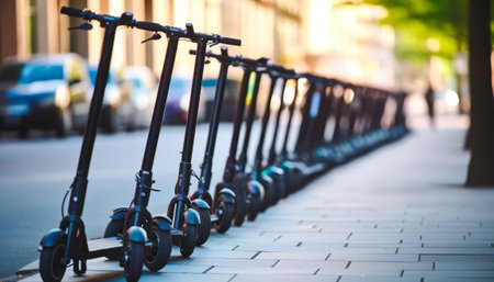 Row of electric scooters parked in a row in the city.の素材