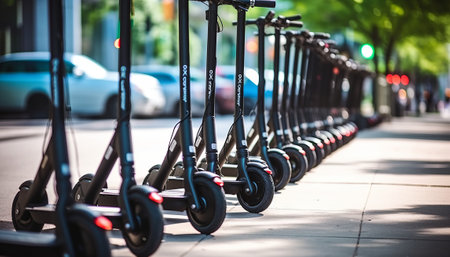 Row of electric scooters parked in a row in the city.の素材