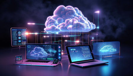 Cloud computing concept with laptop and tablet pc. 3D Renderingの素材