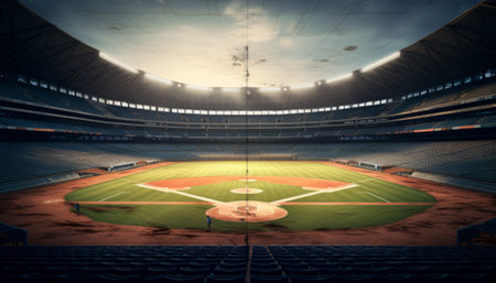 3D rendering of a baseball stadium with floodlights and floodlightsの素材