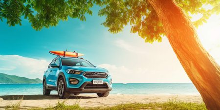 Blue suv car with kayak on the beach. 3d renderingの素材