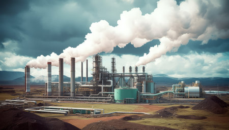 Industrial landscape with power plant and clouds in sky. 3D Renderingの素材