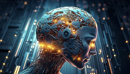 Human head with circuit board in background. 3D rendering. Virtual reality.の素材