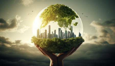 Close up of human hands holding eco planet with green city in itの素材