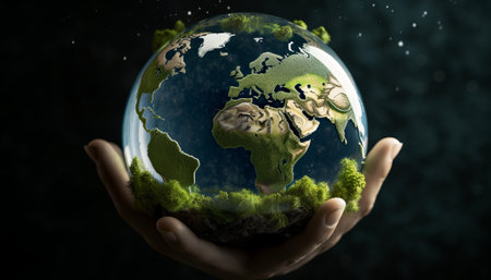 Conceptual image of human hand holding Earth globe with green grass inside. 3D renderingの素材