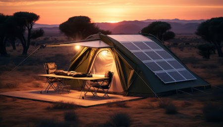 Camping tent with solar panels and table in the desert at sunsetの素材
