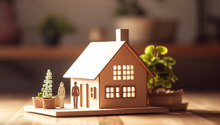 Miniature house model on wooden table. Real estate and property concept.の素材