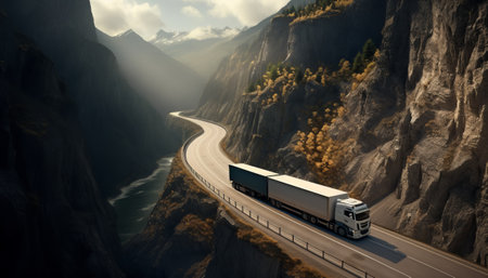 Truck driving on the road in the mountains. 3d renderingの素材