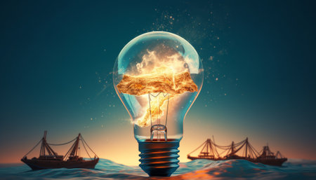 Incandescent light bulb burning in the sea. 3D renderingの素材