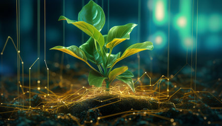 3d rendering of sprout in soil with network connection on backgroundの素材