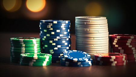 Stacks of poker chips on a dark background. Selective focus.の素材
