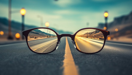 Eyeglasses on the road with blurred city in the background.の素材