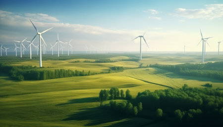 An image of wind turbines in a field at sunset. 3D renderingの素材