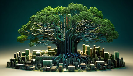 Green city with tree in the shape of a human head. 3D renderingの素材