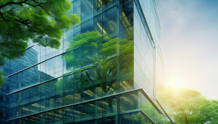 Modern office building with glass wall and green trees. Business concept.の素材