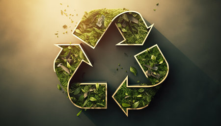 Recycling symbol made of leaves on dark background. 3d illustrationの素材