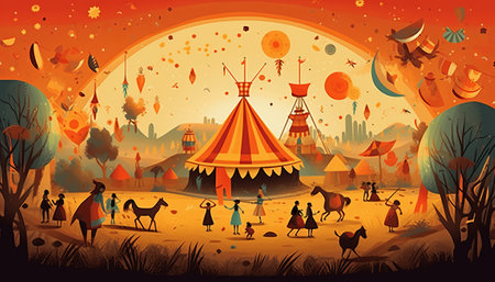 Circus background with people, tents and animals. Vector illustration.の素材