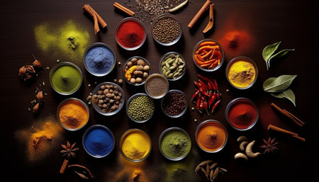Spices and herbs on wooden background. Food and cuisine ingredients.の素材