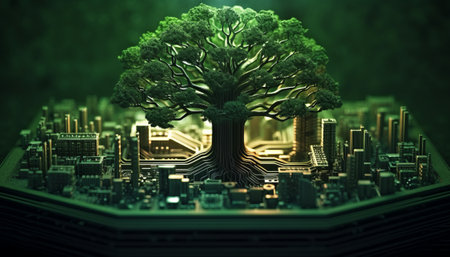 3D rendering of a green tree in the center of a cityの素材