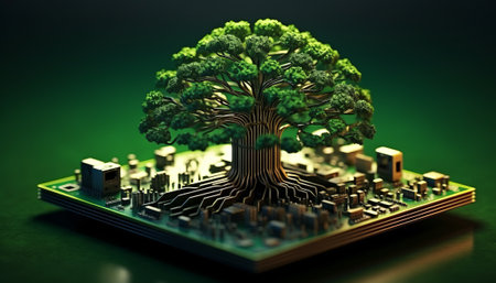 3d illustration of a computer circuit board with a tree in the centerの素材
