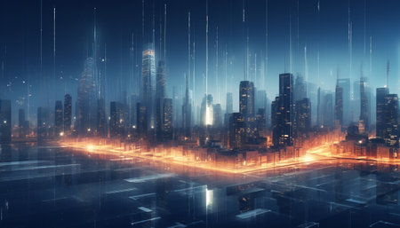 Cityscape at night with neon lights, 3d rendering toned imageの素材