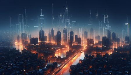 Futuristic city at night, 3d rendering toned imageの素材